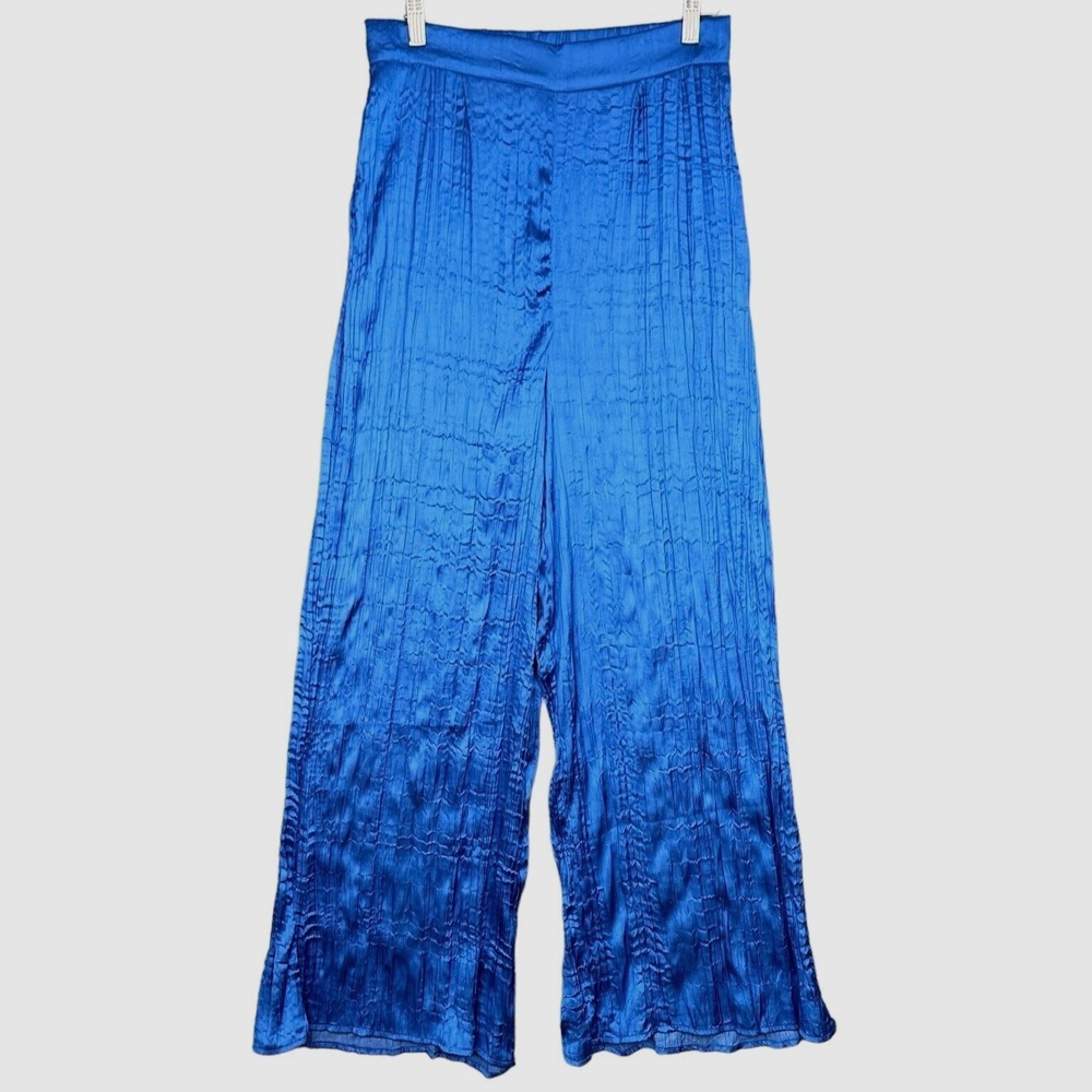 House Of Harlow Crinkle Satin Wide Leg Flowy Boho Lounge Pants-Royal Blue-XS